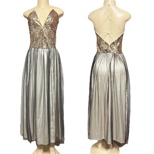 Sequin Maxi Dress Formal Backless Spaghetti Strap V-Neck Tulle Homecoming Prom S